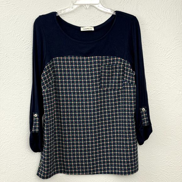 Boutique Brand Navy Pattern Top with Roll Tab Sleeves - Picture 1 of 9